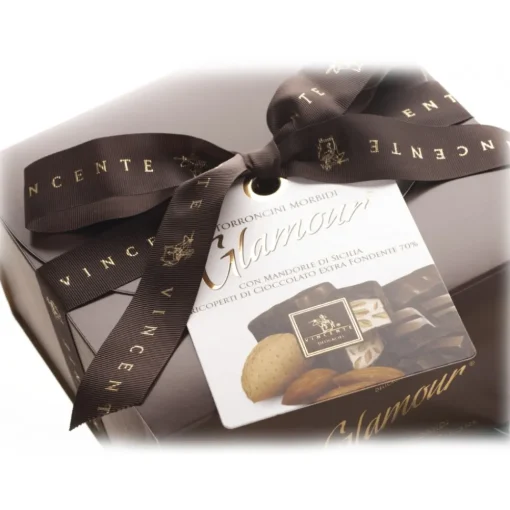 Vincente Delicacies - Soft Almond Nougat Candies and Covered with 70% Extra-Dark Chocolate - Glamour - Ribbon Box - Avvenice^ Sweets