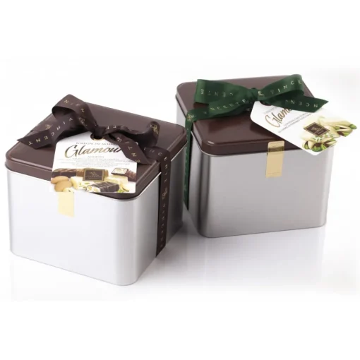 Vincente Delicacies - Soft Pistachio Nougat Candies and Covered with Fine White Chocolate - Glamour - Metallic Box - Avvenice^ Sweets