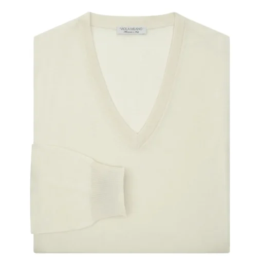 Viola Milano - Cashmere V-Neck Sweater - Cream - Handmade in Italy - Luxury Exclusive Collection - Avvenice