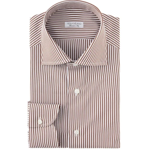 Viola Milano - Classic Stripe Cut-Away Collar Dress Shirt - Brown/White - Handmade in Italy - Luxury Exclusive Collection - Avvenice^ Shirts
