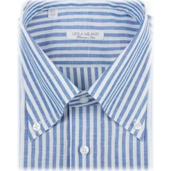 Viola Milano - Classic Stripe Carlo Riva 100% Linen Button-Down Shirt - Blue - Handmade in Italy - Luxury Exclusive Collection - Avvenice