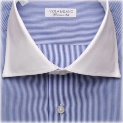 Viola Milano - Contrast Collar Cut-Away Collar Shirt - Navy/White Striped - Handmade in Italy - Luxury Exclusive Collection - Avvenice