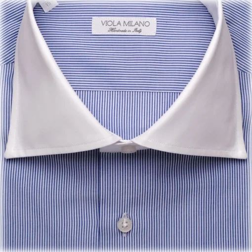 Viola Milano - Contrast Collar Cut-Away Collar Shirt - Navy/White Striped - Handmade in Italy - Luxury Exclusive Collection - Avvenice