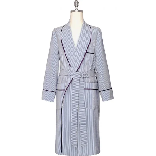 Viola Milano - Unlined Loro Piana Seersucker Dressing Gown - Sea/White - Handmade in Italy - Luxury Exclusive Collection - Avvenice^ Shirts