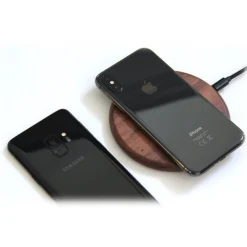 Woodcessories - Wireless Charging Station Dock Qi (10W) - Walnut & Leather - Real Wood Premium Eco Pad - iPhone - Samsung - Avvenice
