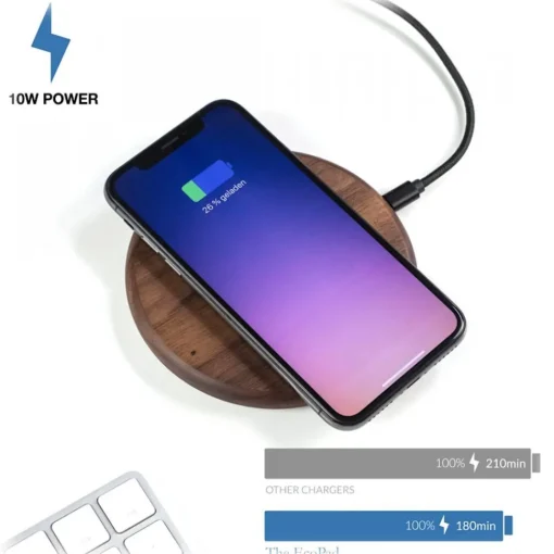 Woodcessories - Wireless Charging Station Dock Qi (10W) - Walnut & Leather - Real Wood Premium Eco Pad - iPhone - Samsung - Avvenice