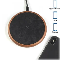 Woodcessories - Wireless Charging Station Dock Qi (10W) - Walnut & Leather - Real Wood Premium Eco Pad - iPhone - Samsung - Avvenice