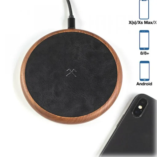 Woodcessories - Wireless Charging Station Dock Qi (10W) - Walnut & Leather - Real Wood Premium Eco Pad - iPhone - Samsung - Avvenice