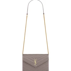 Yves Saint Laurent - Cassandre Envelope Chain Wallet in Grain De Poudre Leather - Fog - Saint Laurent Exclusive Collection - Avvenice
