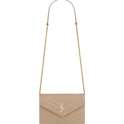 Yves Saint Laurent - Cassandre Envelope Chain Wallet in Grain De Poudre Leather - Dark Beige - Exclusive Collection - Avvenice^ Bags