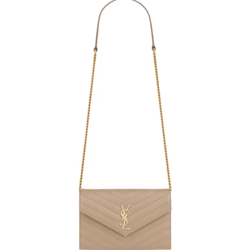 Yves Saint Laurent - Cassandre Envelope Chain Wallet in Grain De Poudre Leather - Dark Beige - Exclusive Collection - Avvenice^ Bags