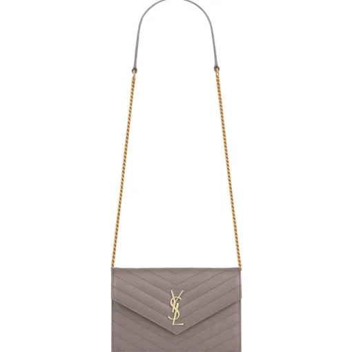 Yves Saint Laurent - Cassandre Envelope Chain Wallet in Grain De Poudre Leather - Fog - Saint Laurent Exclusive Collection - Avvenice
