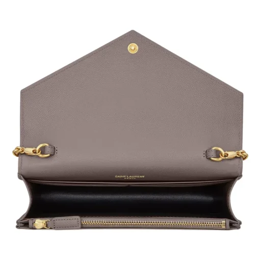 Yves Saint Laurent - Cassandre Envelope Chain Wallet in Grain De Poudre Leather - Fog - Saint Laurent Exclusive Collection - Avvenice