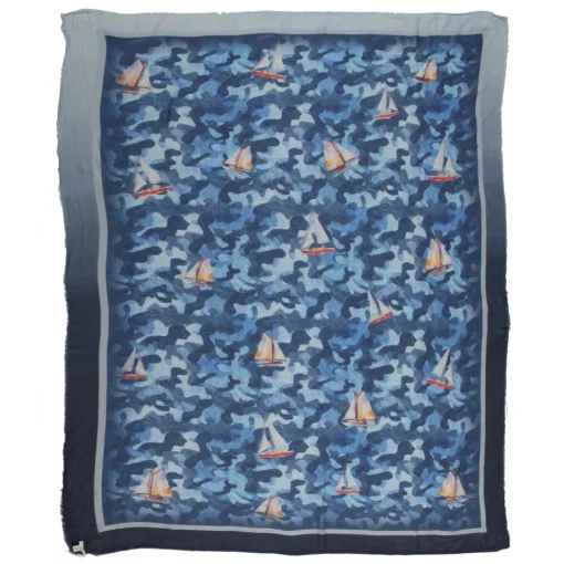 813 - Annalisa Giuntini Scarves-- Silk Scarf with Boats in Camouflage Blue - Scarves and Foulard - Scarf of High Quality Luxury - Avvenice