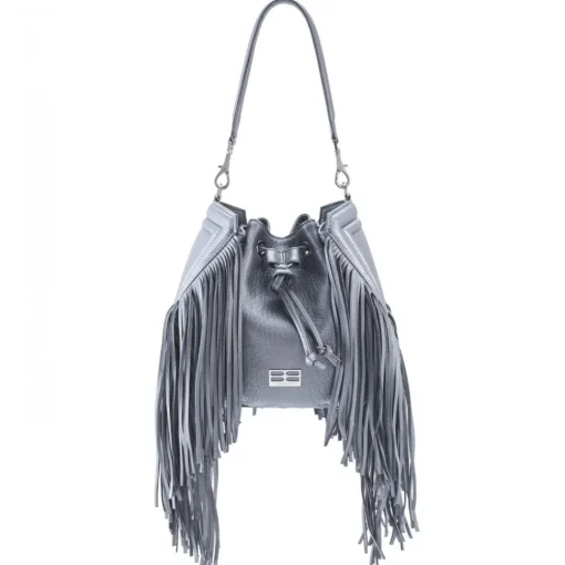 Aleksandra Badura Bags-- Lucky Bucket Bag Medium - Fringe Bucket Bag Medium - Grey - Luxury High Quality Leather Bag - Avvenice