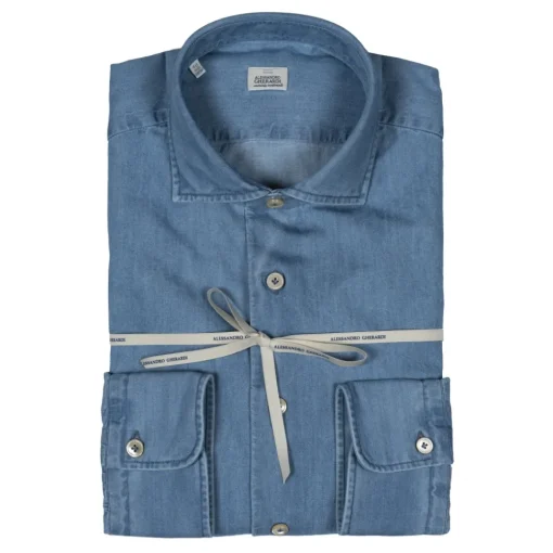 Alessandro Gherardi Shirts-- Long Sleeve Shirt - Light Denim - Shirt - Handmade in Italy - Luxury Exclusive Collection - Avvenice