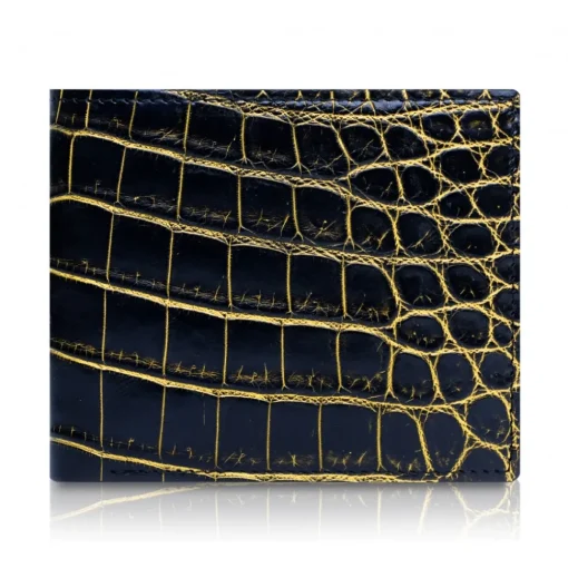 Ammoment Wallets-- Nile Crocodile in Crack Black and Gold - Leather Bifold Wallet with Center Flap - Avvenice