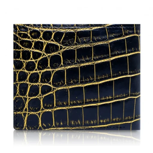 Ammoment Wallets-- Nile Crocodile in Crack Black and Gold - Leather Bifold Wallet with Center Flap - Avvenice