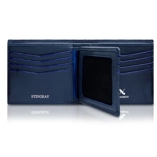 Ammoment Wallets-- Stingray in Glitter Metallic Blue - Leather Bifold Wallet with Center Flap - Avvenice