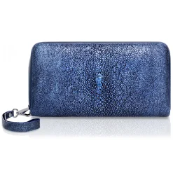 Ammoment Wallets-- Stingray in Glitter Metallic Blue - Leather Large Long Zipper Wallet - Avvenice