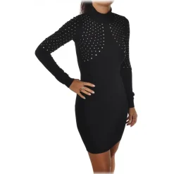 Aniye By Dresses-- Short Dress with High Neck and Rhinestones - Black - Dress - Made in Italy - Luxury Exclusive Collection - Avvenice