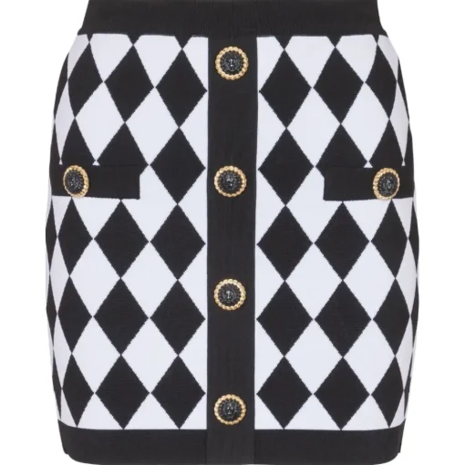 Balmain Skirts-- 6 Buttons Diamond Jacquard Skirt - Black White - Exclusive Luxury Collection - Avvenice