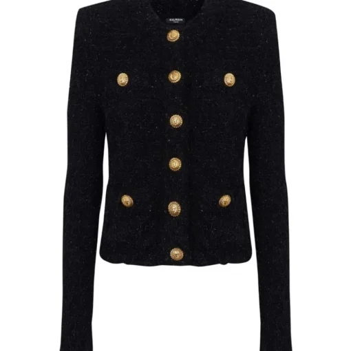 Balmain Jackets-- Buttoned Maze Tweed Jacket - Black - Exclusive Luxury Collection - Avvenice