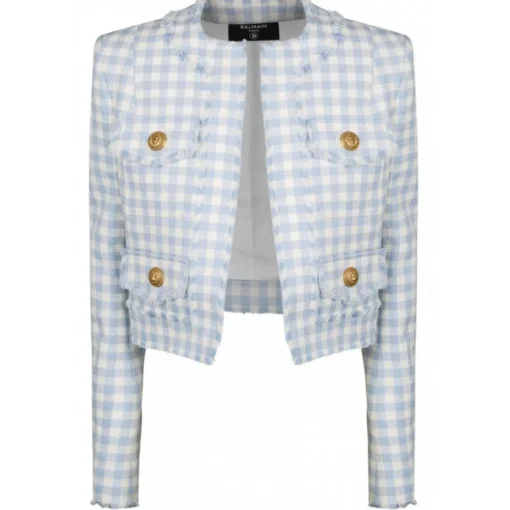 Balmain Jackets-- Gingham Tweed Jacket - Blue - Exclusive Luxury Collection - Avvenice