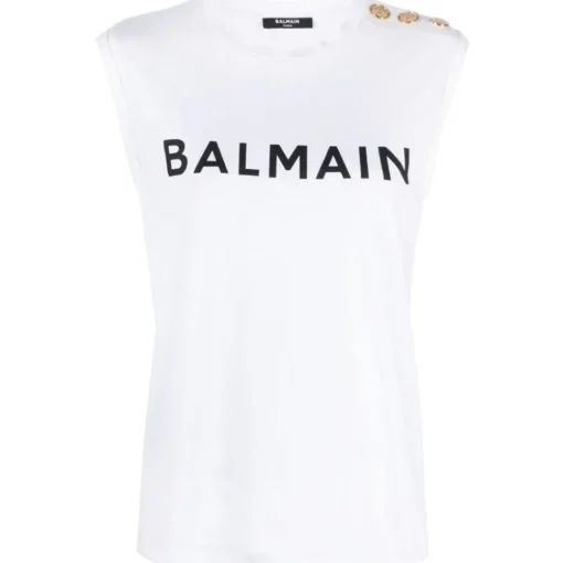Balmain Tops-- Logo Print Tank Top - White - Exclusive Luxury Collection - Avvenice