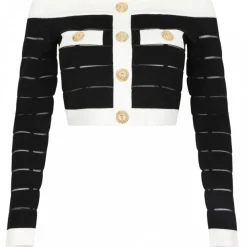 Balmain Tops-- Off Shoulder Top - Black White - Exclusive Luxury Collection - Avvenice