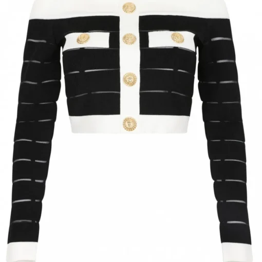 Balmain Tops-- Off Shoulder Top - Black White - Exclusive Luxury Collection - Avvenice