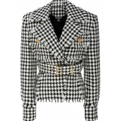 Balmain Jackets-- Virgin Wool Tweed Belted Jacket - Black White - Exclusive Luxury Collection - Avvenice