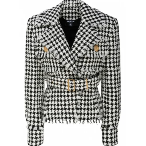 Balmain Jackets-- Virgin Wool Tweed Belted Jacket - Black White - Exclusive Luxury Collection - Avvenice