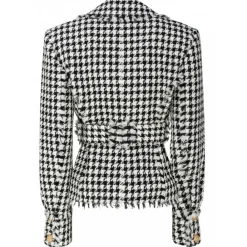 Balmain Jackets-- Virgin Wool Tweed Belted Jacket - Black White - Exclusive Luxury Collection - Avvenice