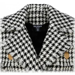 Balmain Jackets-- Virgin Wool Tweed Belted Jacket - Black White - Exclusive Luxury Collection - Avvenice