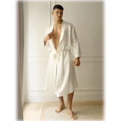 by Dariia Day Shirts-- Long Silk Robe - Powder White - Fashion - New Collection - Mulberry Silk - Artisan Silk Robe - Luxury - Avvenice