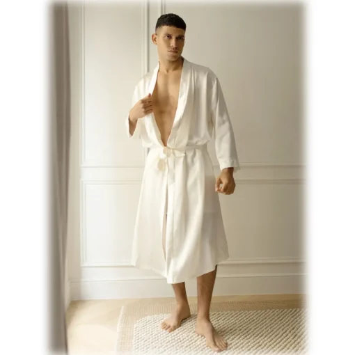 by Dariia Day Shirts-- Long Silk Robe - Powder White - Fashion - New Collection - Mulberry Silk - Artisan Silk Robe - Luxury - Avvenice