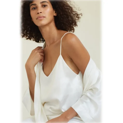 by Dariia Day Shirts-- Long Silk Robe - Powder White - Fashion - New Collection - Mulberry Silk - Artisan Silk Robe - Luxury - Avvenice