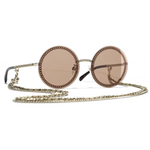 Chanel Sunglasses & Eyewear-- Round Sunglasses - Gold Light Brown - Eyewear - Avvenice