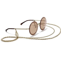 Chanel Sunglasses & Eyewear-- Round Sunglasses - Gold Light Brown - Eyewear - Avvenice