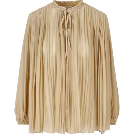 Chlo\u00e9 Shirts-Chloé - Pleated Wool-Gauze Blouse in Brown - Chloé Exclusive Luxury Collection - Avvenice