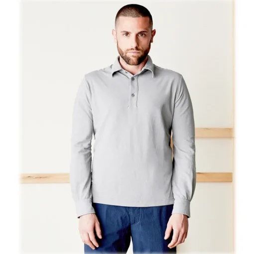 Cruna Tops-- Cannes Long Sleeves Polo - 573 - Grey - Handmade in Italy - Luxury High Quality Sweatshirt - Avvenice