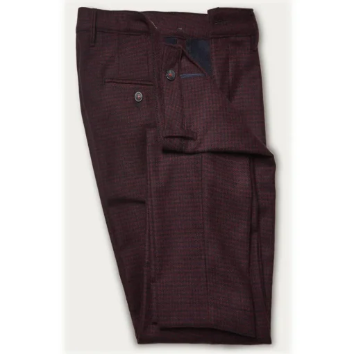 Cruna Trousers-- New Town Trousers in Pied-de-Poule Wool - 482 - Bordeaux - Handmade in Italy - Luxury High Quality Pants - Avvenice