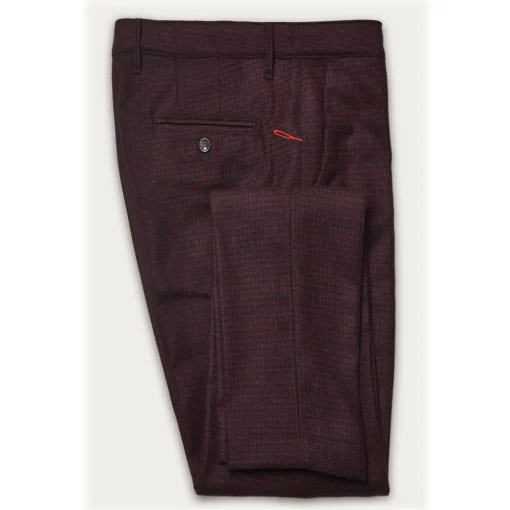 Cruna Trousers-- New Town Trousers in Pied-de-Poule Wool - 482 - Bordeaux - Handmade in Italy - Luxury High Quality Pants - Avvenice