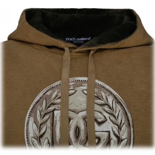 Dolce & Gabbana Sweatshirts-Dolce & Gabbana - Sand Brown Cotton Logo Print Hoodie - Dolce & Gabbana Exclusive Luxury Collection - Avvenice