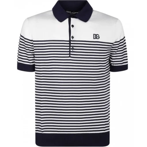 Dolce & Gabbana T-shirt-Dolce & Gabbana - White and Blue Striped Polo Shirt - Dolce & Gabbana Exclusive Luxury Collection - Avvenice