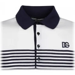 Dolce & Gabbana T-shirt-Dolce & Gabbana - White and Blue Striped Polo Shirt - Dolce & Gabbana Exclusive Luxury Collection - Avvenice