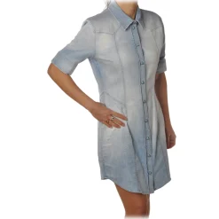 Dondup Dresses-- Short-Sleeves Shirt Model with Collar - Blue Denim - Dresses - Luxury Exclusive Collection - Avvenice