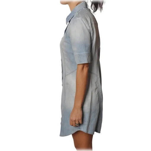 Dondup Dresses-- Short-Sleeves Shirt Model with Collar - Blue Denim - Dresses - Luxury Exclusive Collection - Avvenice