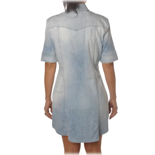 Dondup Dresses-- Short-Sleeves Shirt Model with Collar - Blue Denim - Dresses - Luxury Exclusive Collection - Avvenice